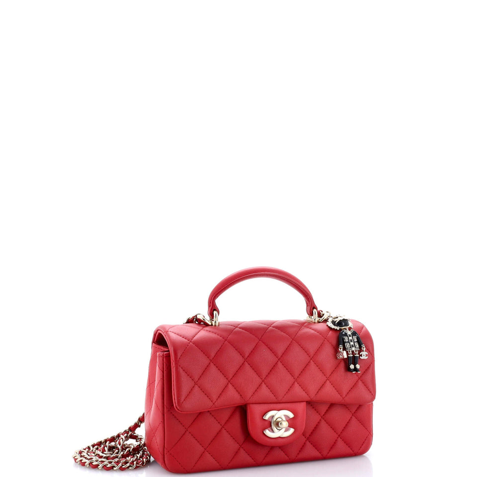 Classic Single Flap Top Handle Bag Quilted Lambskin with Lion Charm Mini