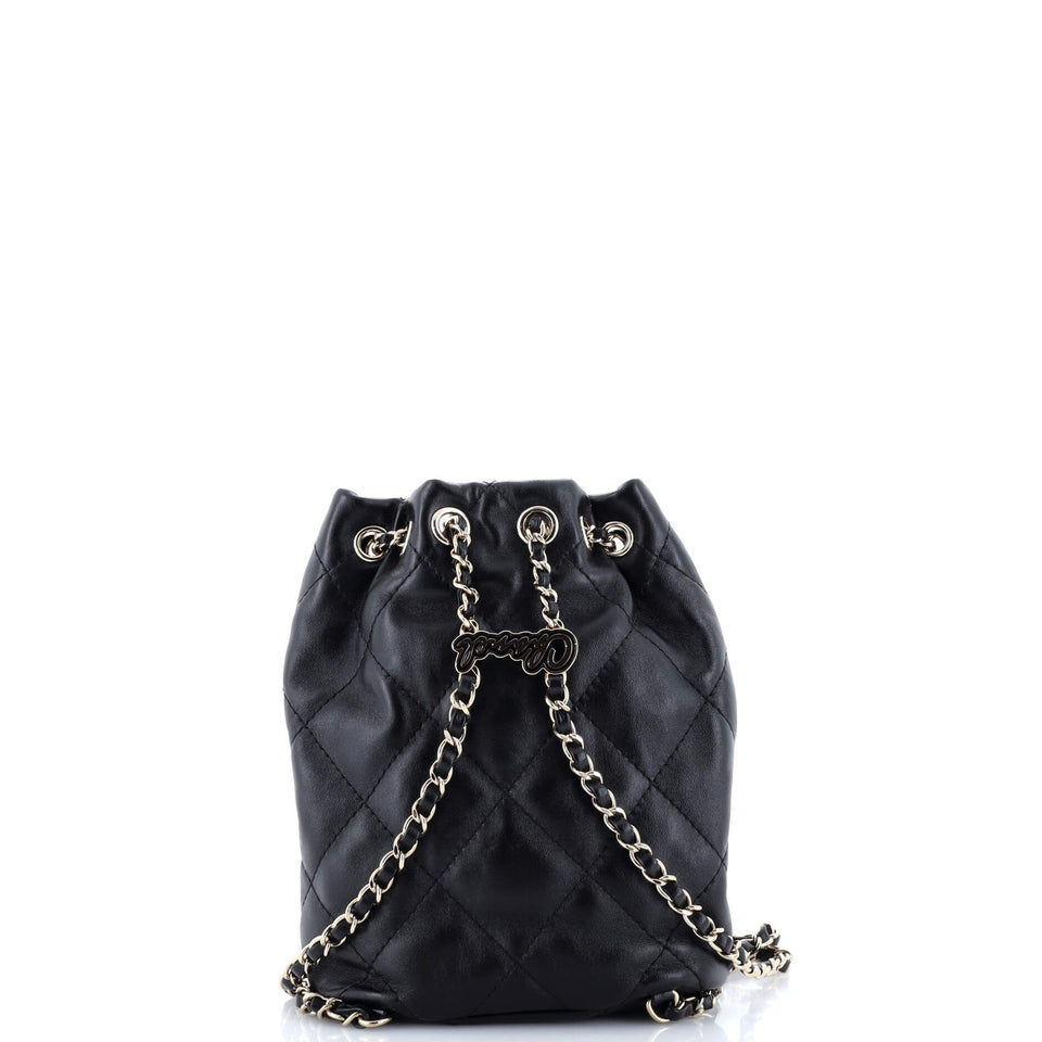 Logo Script Drawstring Chain Backpack Quilted Shiny Lambskin Small