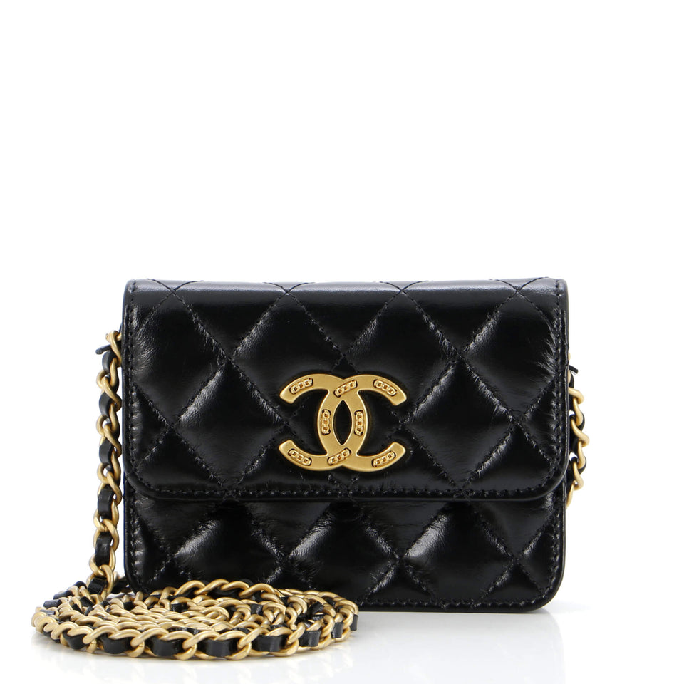 Textured CC Card Holder on Chain Quilted Shiny Calfskin