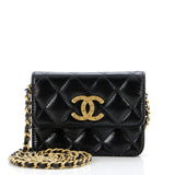 Textured CC Card Holder on Chain Quilted Shiny Calfskin