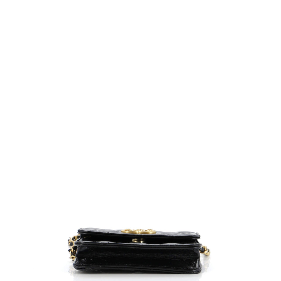 Textured CC Card Holder on Chain Quilted Shiny Calfskin