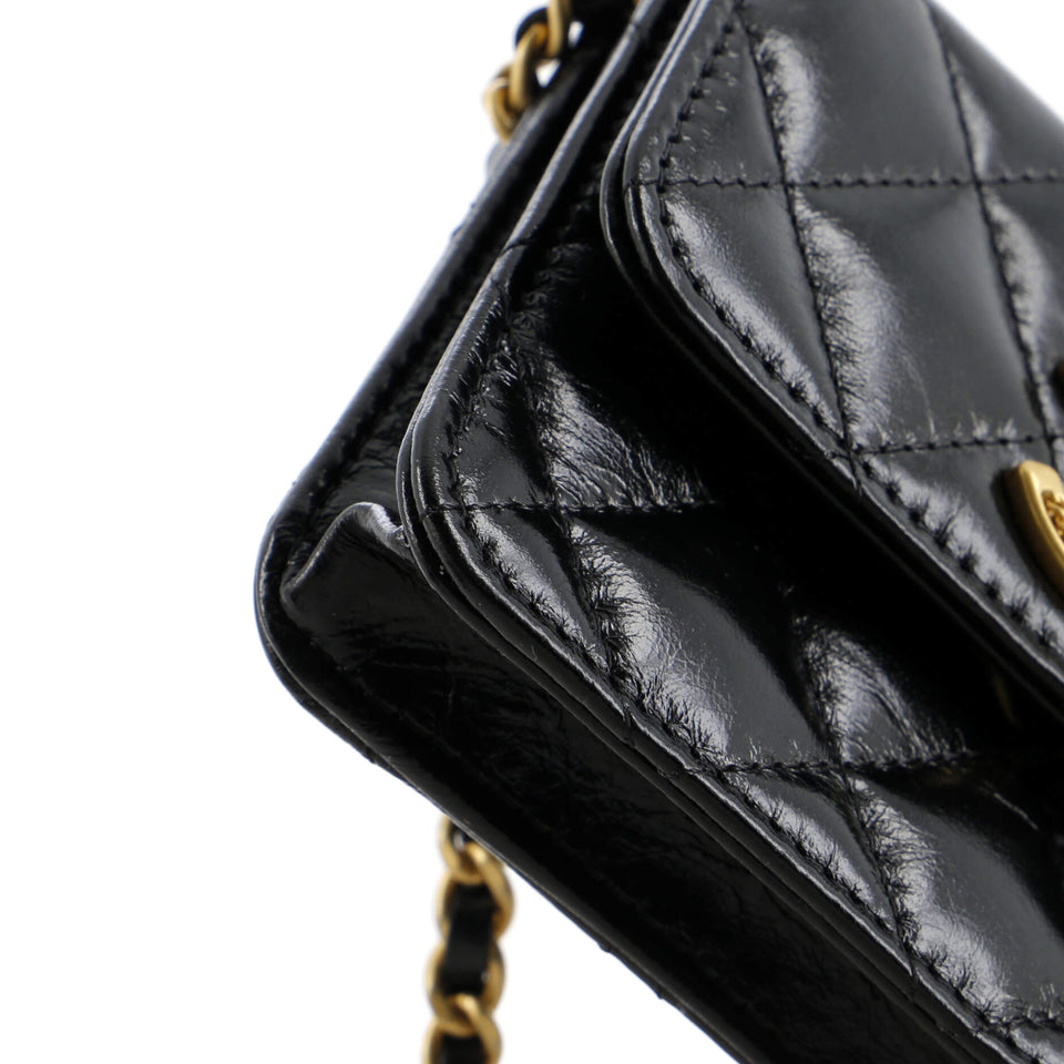 Textured CC Card Holder on Chain Quilted Shiny Calfskin