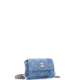 Denim Mood Flap Clutch with Chain Logo Printed Quilted Fringe Denim