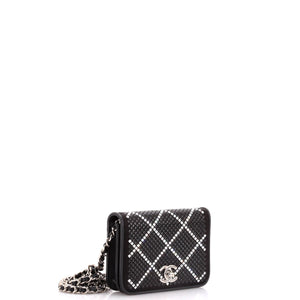 CC Flap Card Holder on Chain Strass Embellished Satin Mini