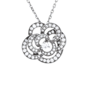 Fil de Camelia Flower Pendant Necklace 18K White Gold and Diamonds Large