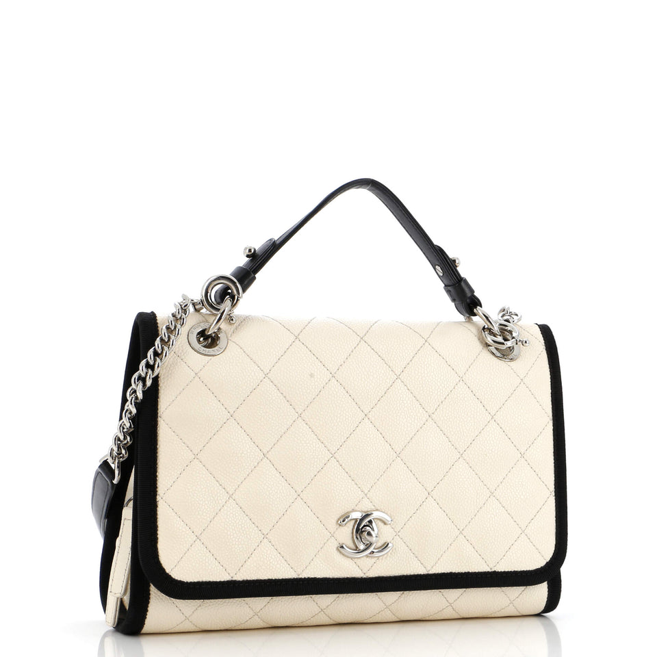 CC Top Handle Flap Bag Quilted Caviar with Grosgrain Medium