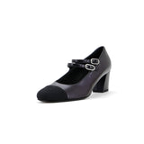 Women's CC Cap Toe Double Strap Mary Jane Pumps Leather with Grosgrain