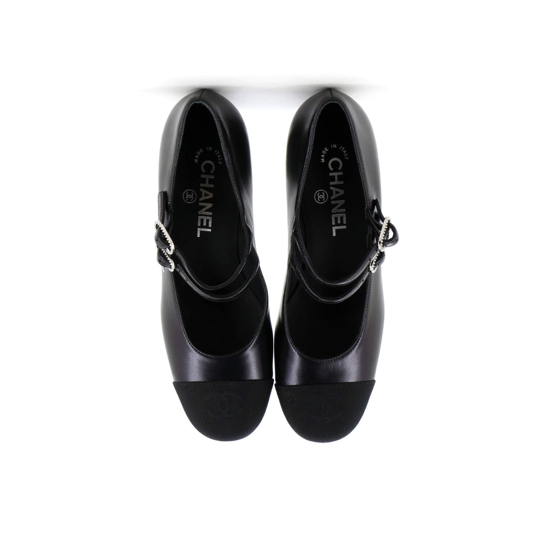 Women's CC Cap Toe Double Strap Mary Jane Pumps Leather with Grosgrain