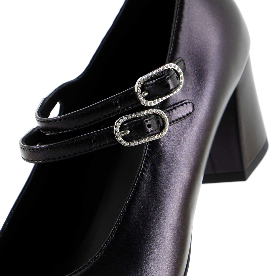 Women's CC Cap Toe Double Strap Mary Jane Pumps Leather with Grosgrain