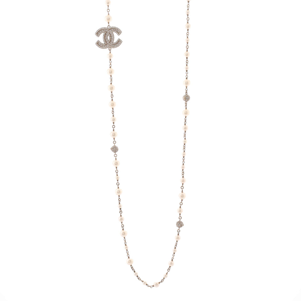 CC Station Long Necklace Metal with Faux Pearls and Crystals