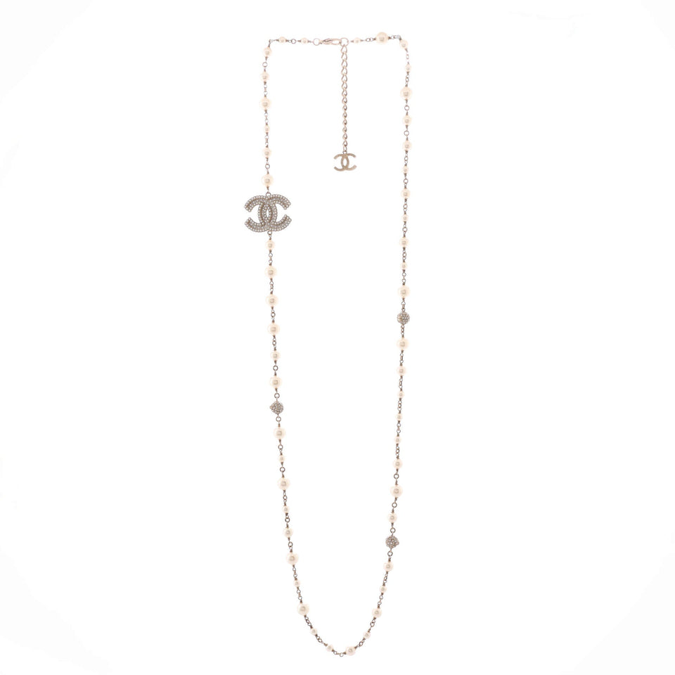 CC Station Long Necklace Metal with Faux Pearls and Crystals