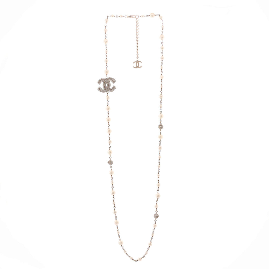 CC Station Long Necklace Metal with Faux Pearls and Crystals