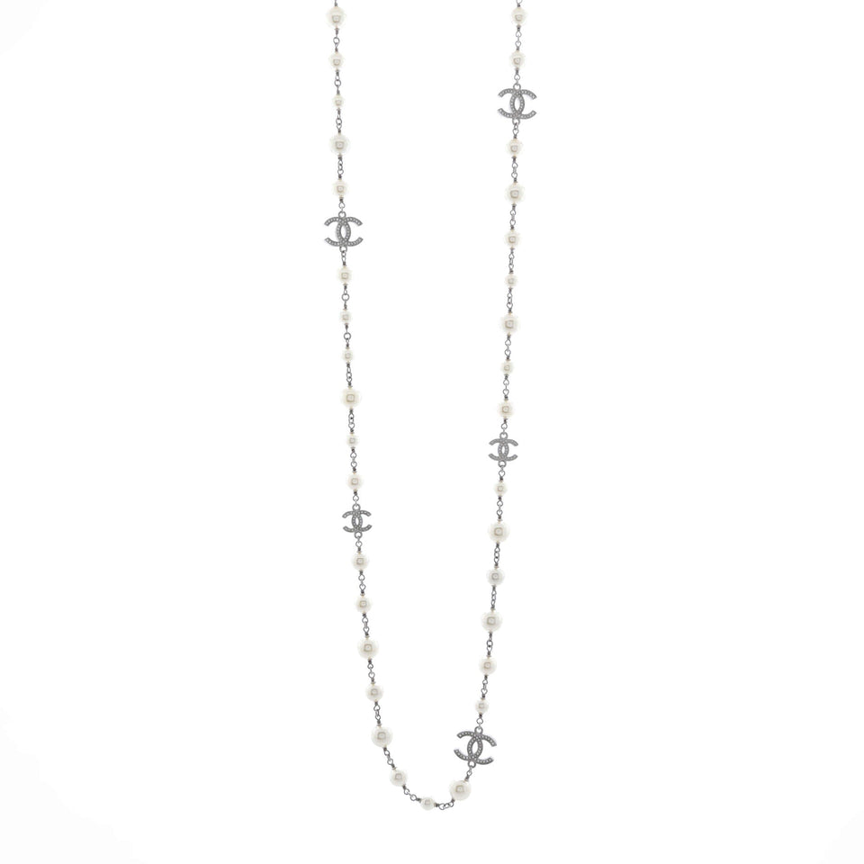 CC Station Long Necklace Metal with Faux Pearls and Crystals