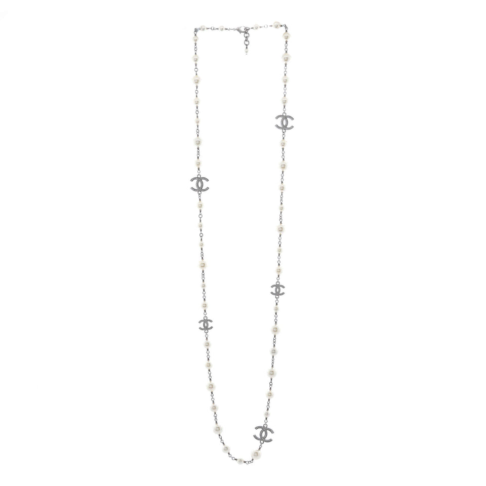 CC Station Long Necklace Metal with Faux Pearls and Crystals