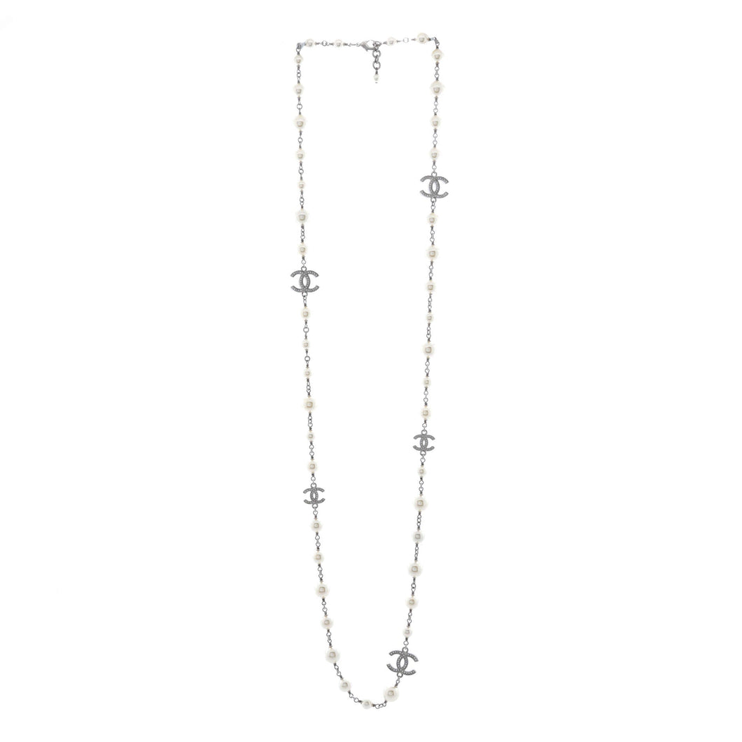 CC Station Long Necklace Metal with Faux Pearls and Crystals