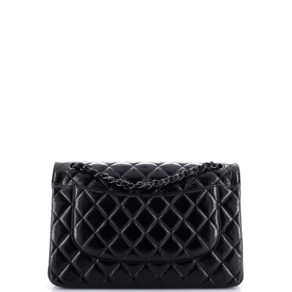 So Black Classic Double Flap Bag Quilted Shiny Crumpled Calfskin Jumbo