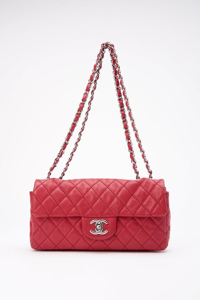 Chanel Red Caviar Leather Single Flap With Silver Hardware