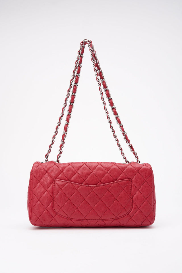 Chanel Red Caviar Leather Single Flap With Silver Hardware