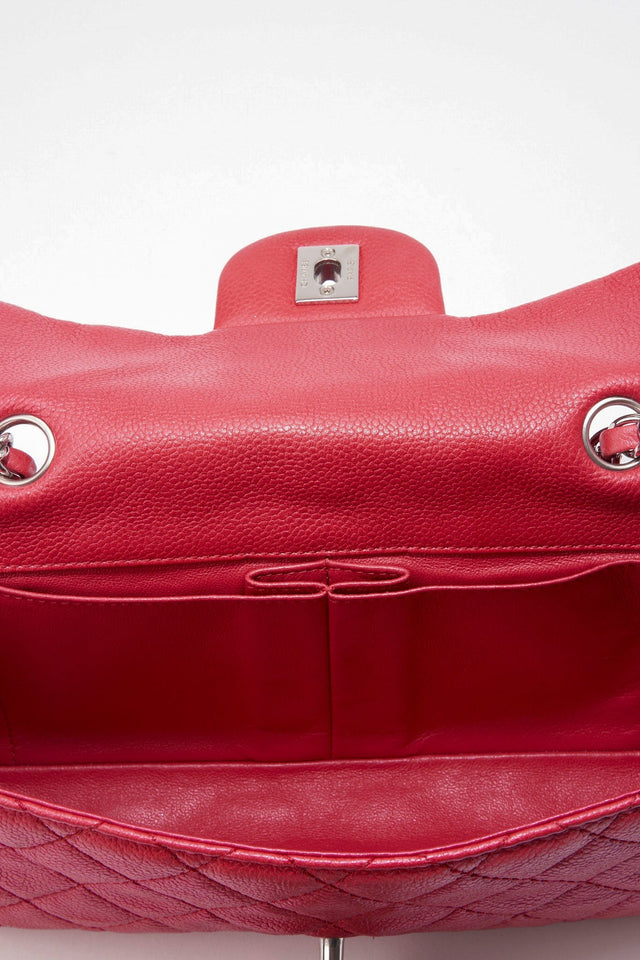 Chanel Red Caviar Leather Single Flap With Silver Hardware