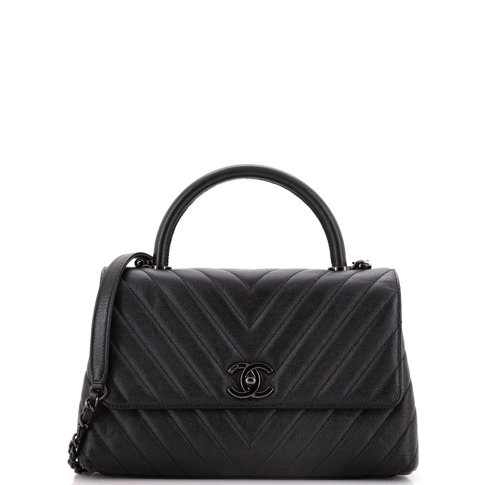 So Black Coco Top Handle Bag Chevron Caviar Small