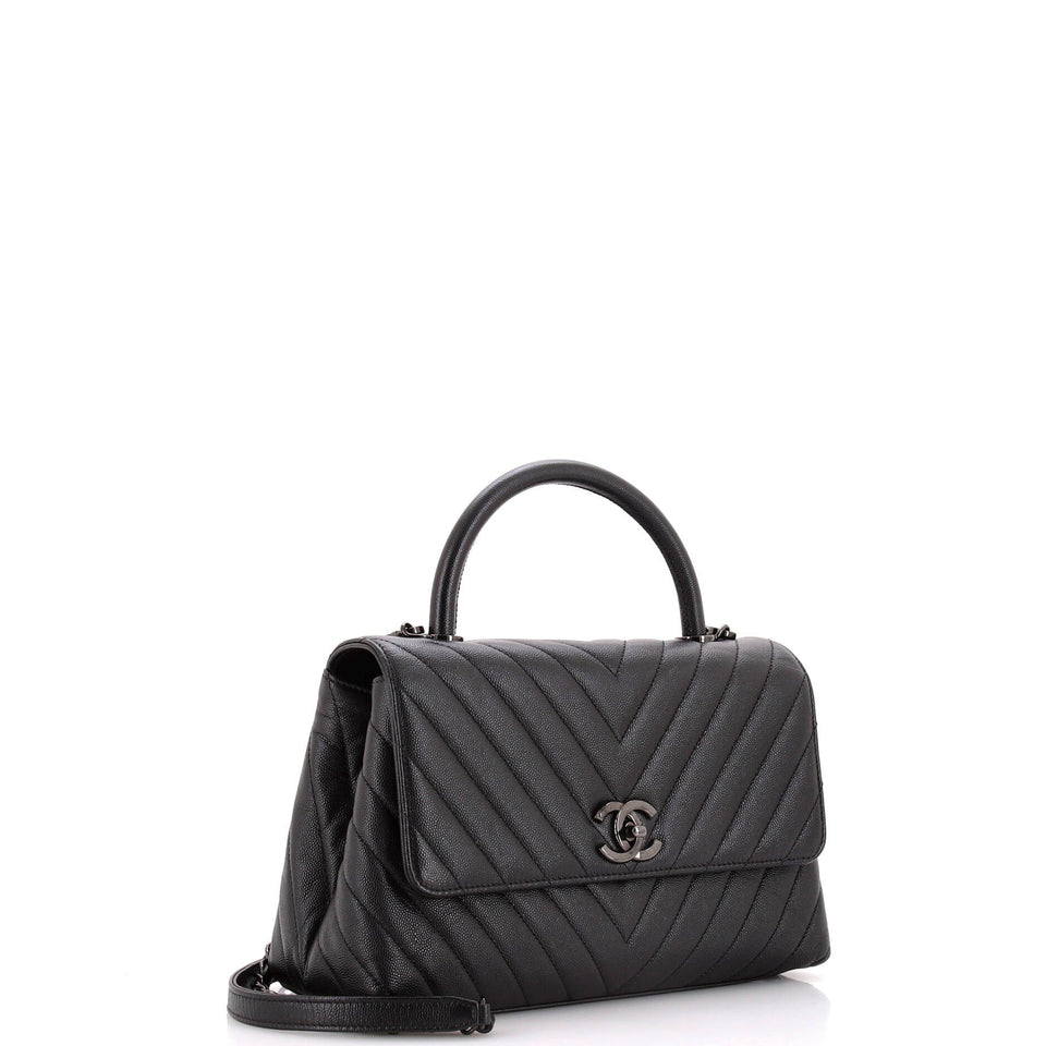 So Black Coco Top Handle Bag Chevron Caviar Small