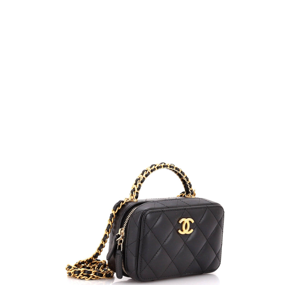 CC Chain Handle Zip Around Vanity Case with Chain Quilted Lambskin Mini