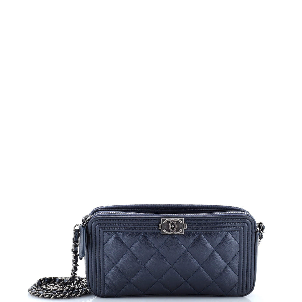 Boy Double Zip Clutch with Chain Quilted Caviar