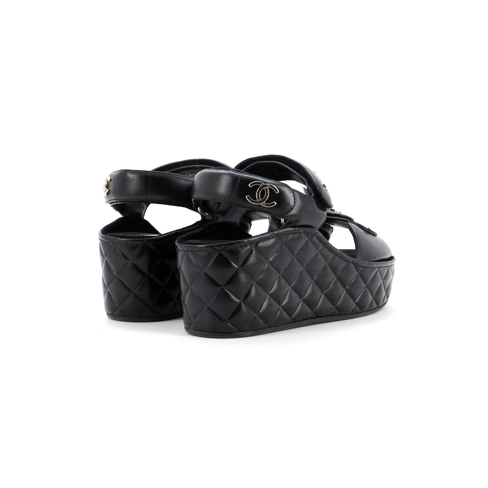 Women's Logo Velcro Strap Wedge Sandals Quilted Leather