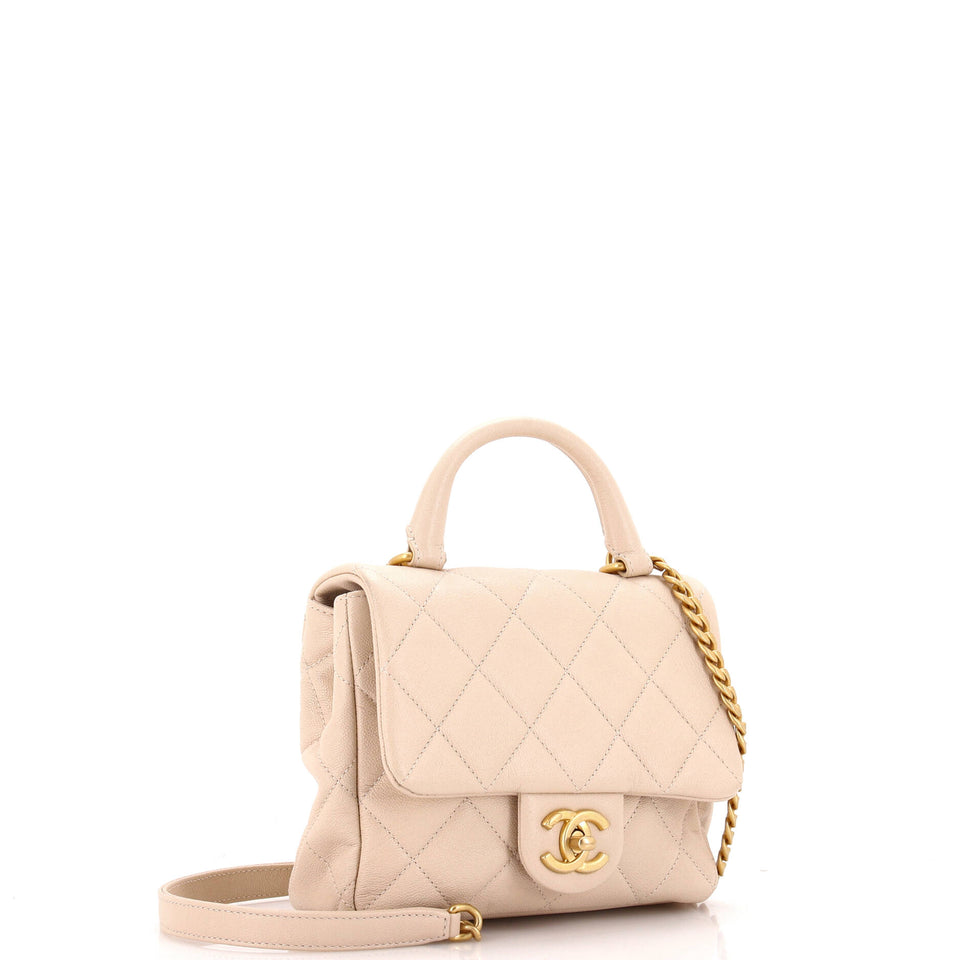 Square Top Handle Flap Bag Quilted Shiny Caviar Mini