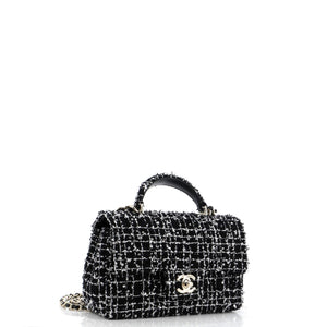 Classic Single Flap Top Handle Bag Quilted Tweed with Sequins Mini