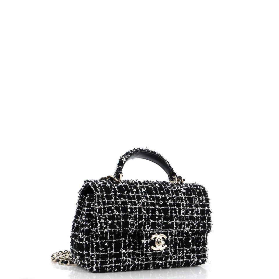 Classic Single Flap Top Handle Bag Quilted Tweed with Sequins Mini