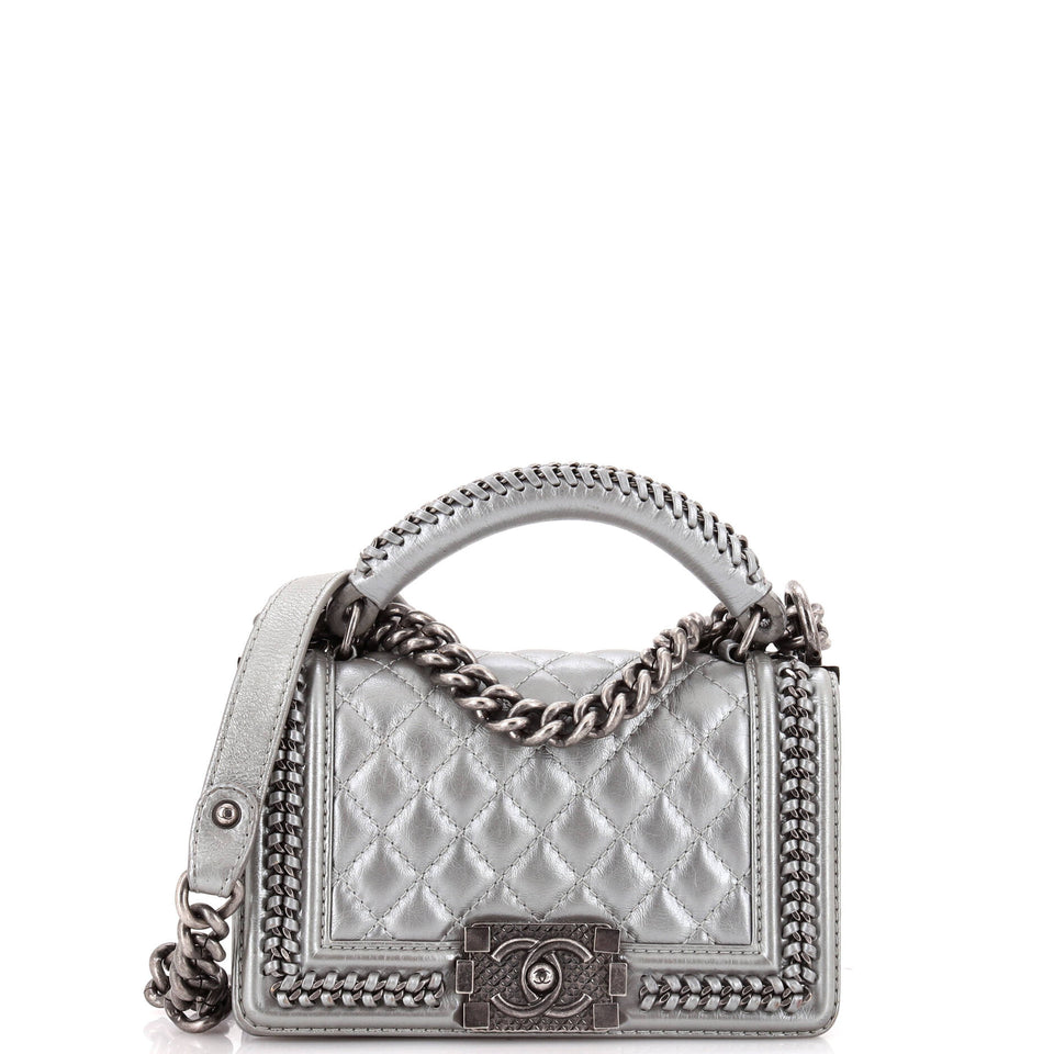 Chain Handle Boy Flap Bag Quilted Calfskin Small