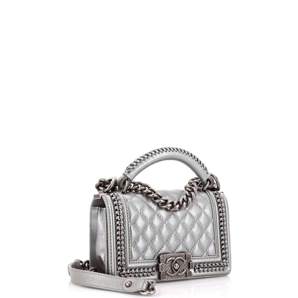 Chain Handle Boy Flap Bag Quilted Calfskin Small