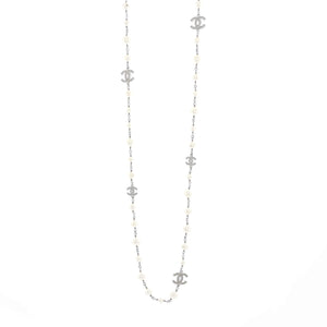 CC Station Long Necklace Metal with Faux Pearls and Crystals