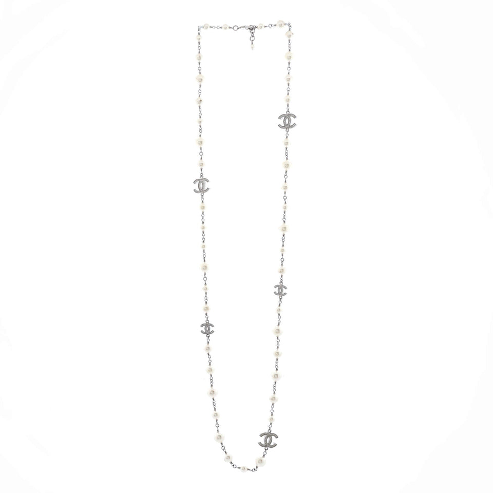 CC Station Long Necklace Metal with Faux Pearls and Crystals