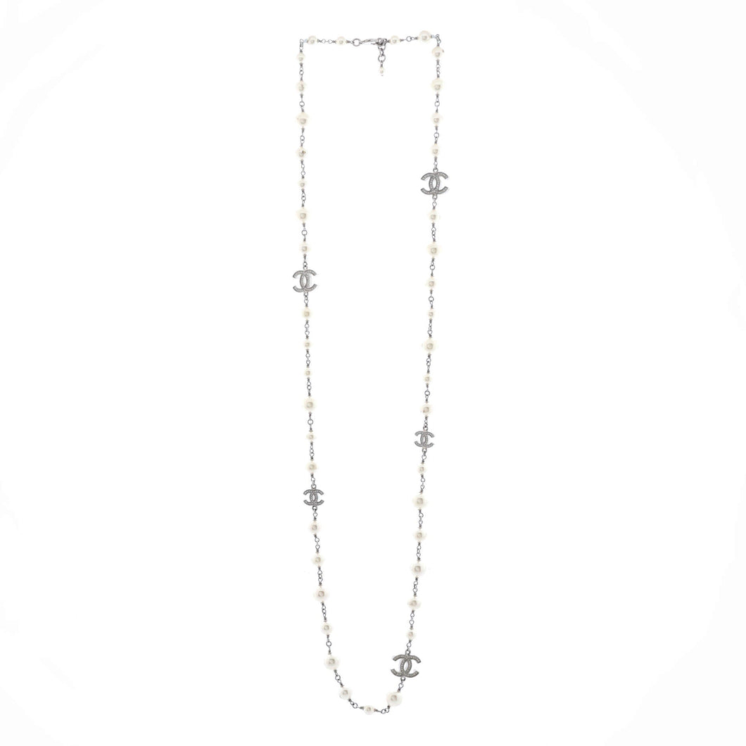 CC Station Long Necklace Metal with Faux Pearls and Crystals