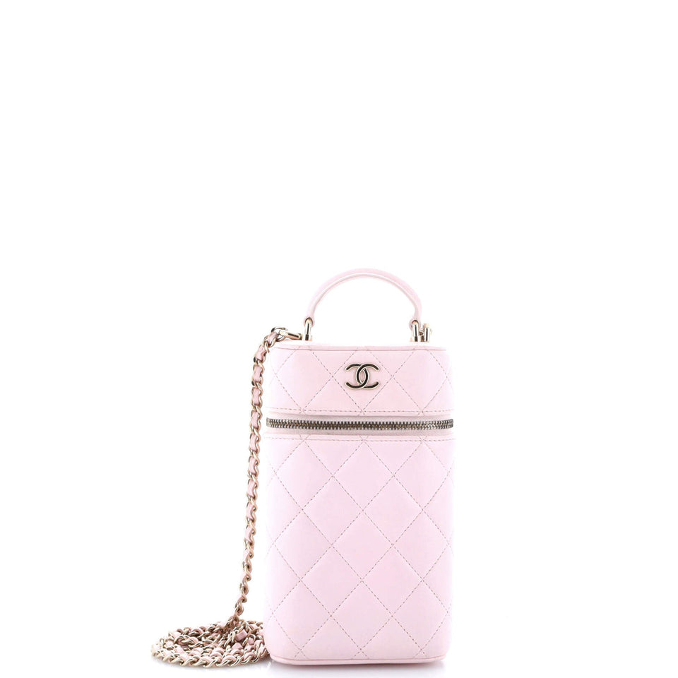 Classic Vanity Top Handle Phone Holder with Chain Quilted Lambskin