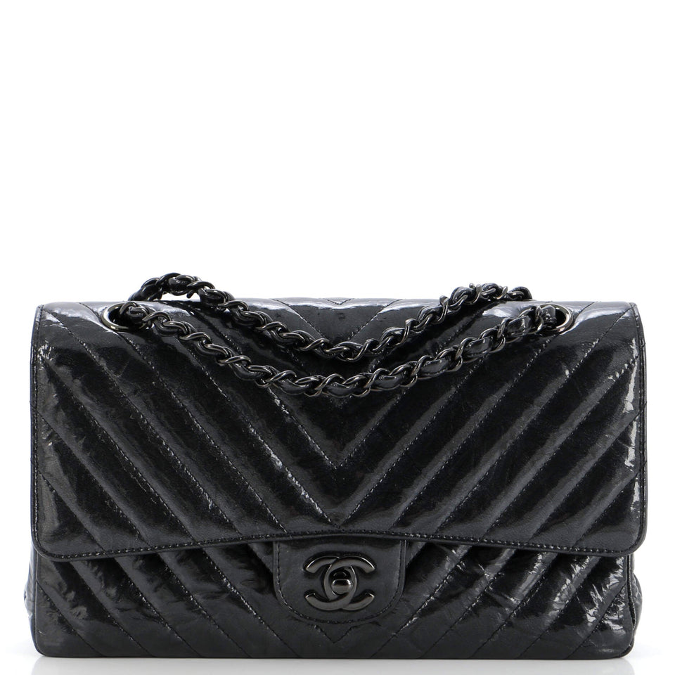 So Black Classic Double Flap Bag Chevron Crinkled Patent Medium