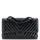 So Black Classic Double Flap Bag Chevron Crinkled Patent Medium