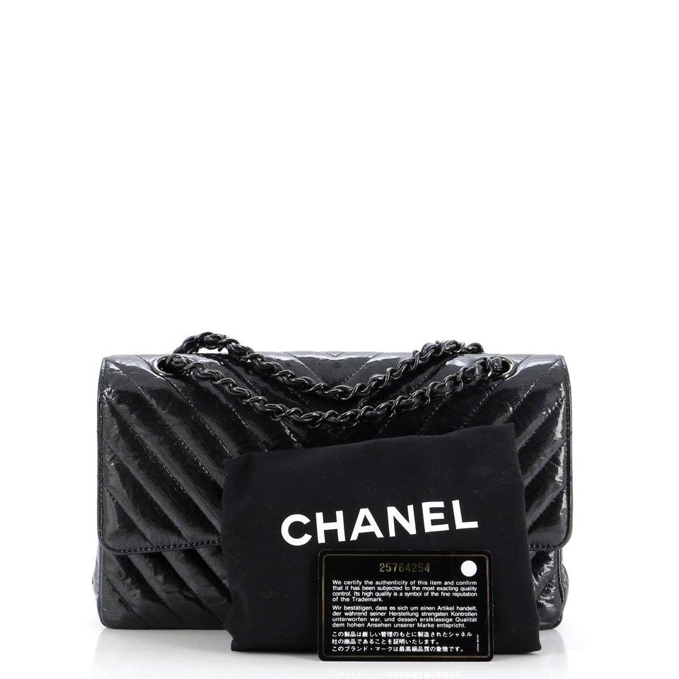 So Black Classic Double Flap Bag Chevron Crinkled Patent Medium