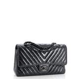 So Black Classic Double Flap Bag Chevron Crinkled Patent Medium