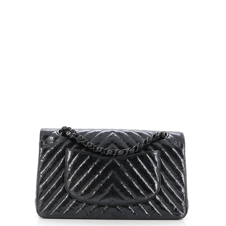 So Black Classic Double Flap Bag Chevron Crinkled Patent Medium