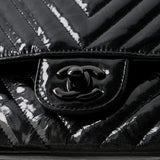 So Black Classic Double Flap Bag Chevron Crinkled Patent Medium
