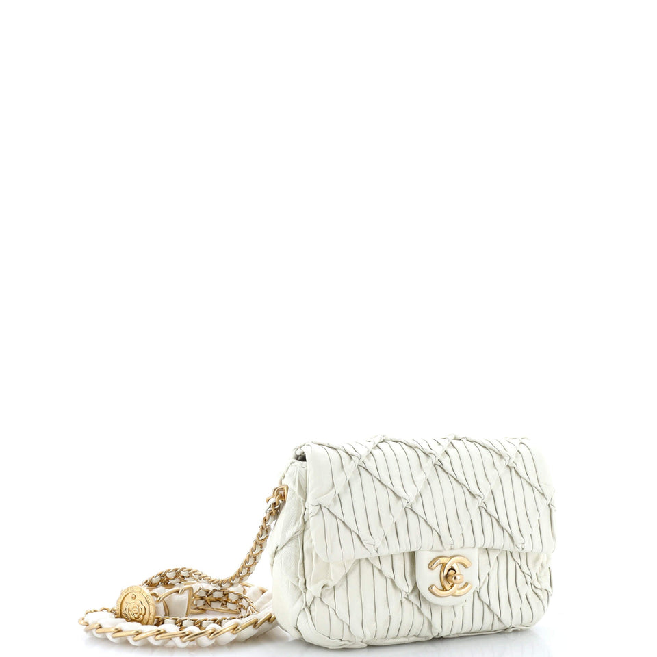 Woven Strap Medallion Chain Flap Bag Quilted Pleated Calfskin Small