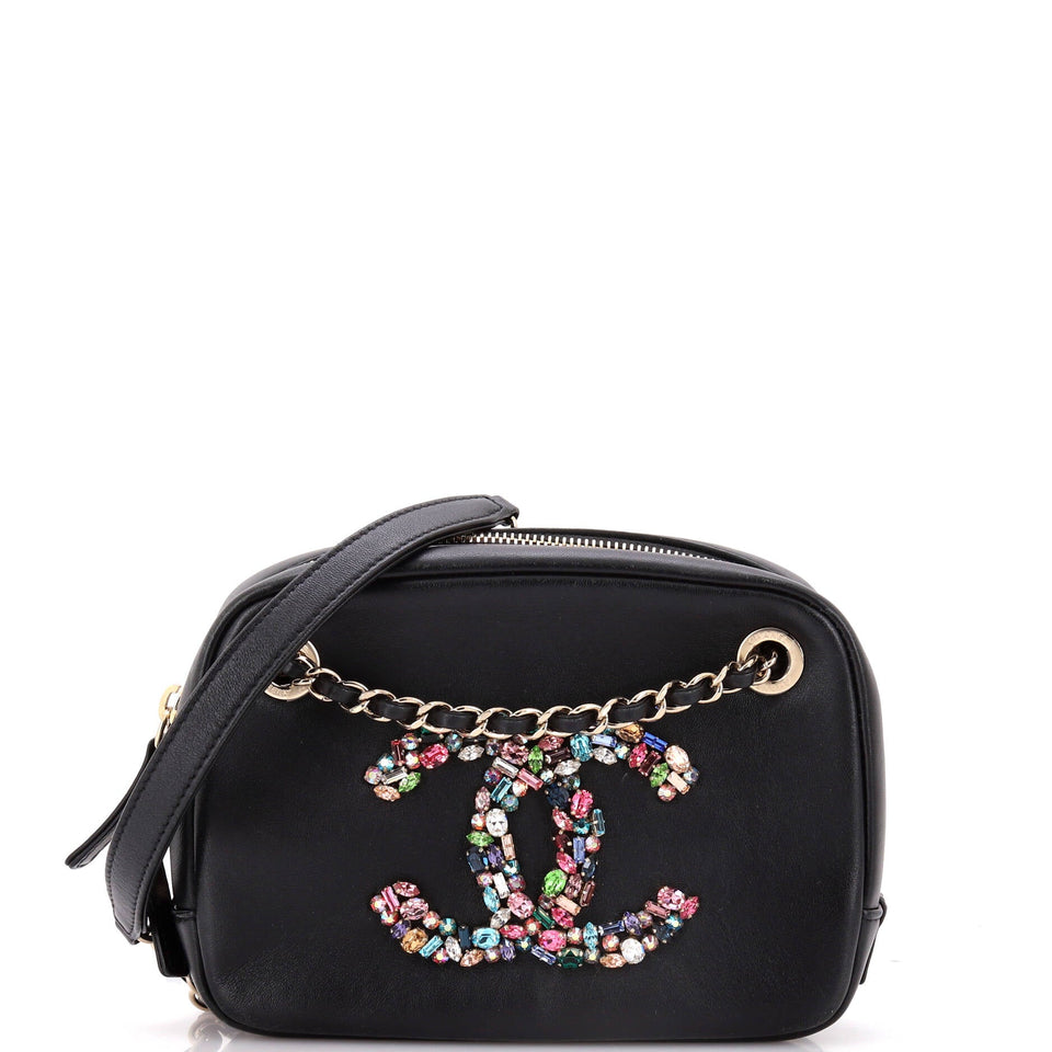 Giant Crystal CC Camera Bag Embellished Lambskin Small