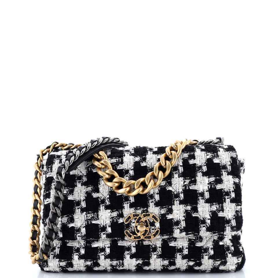 19 Flap Bag Quilted Houndstooth Tweed and Ribbon Large