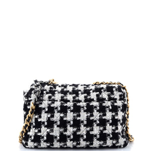 19 Flap Bag Quilted Houndstooth Tweed and Ribbon Large