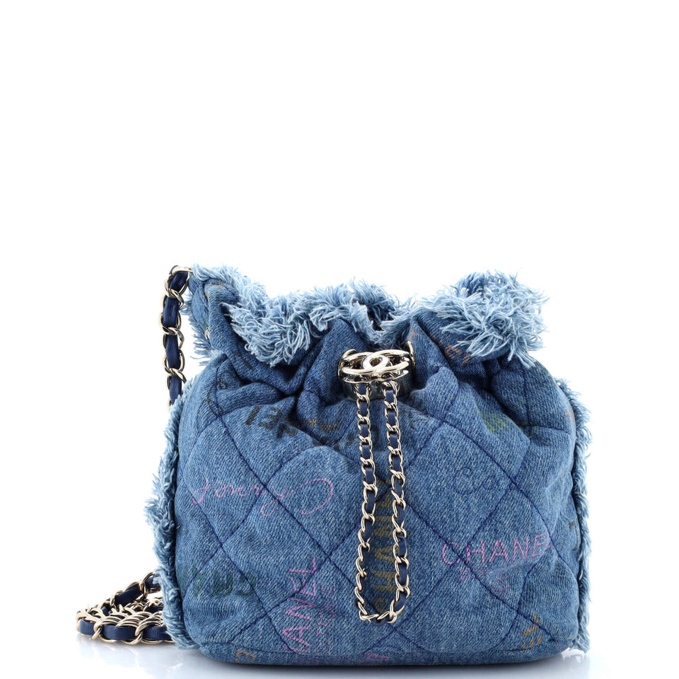 Denim Mood Chain Bucket Bag Logo Printed Quilted Fringe Denim Medium