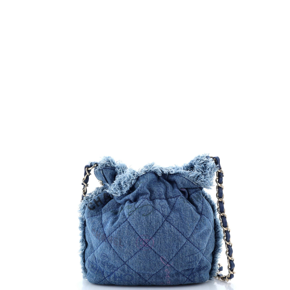 Denim Mood Chain Bucket Bag Logo Printed Quilted Fringe Denim Medium