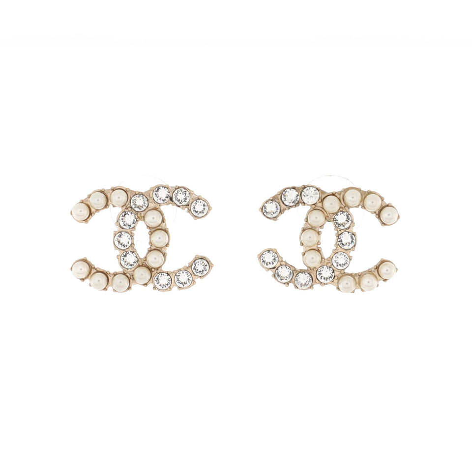 CC Stud Earrings Metal with Faux Pearls and Crystals